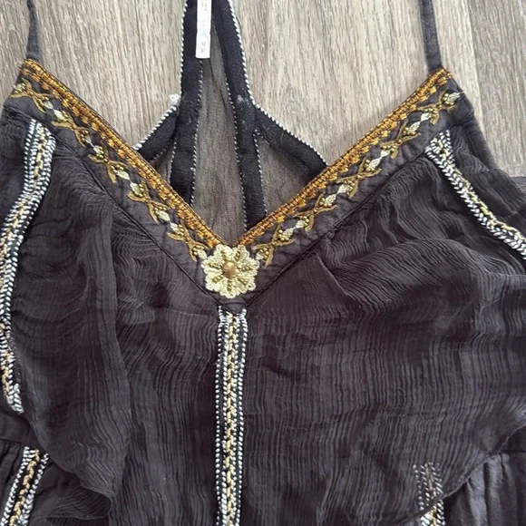 Free People Black and Gold Mini Dress Chiffon Asymmetric Boho Embroidered - Picture 6 of 8